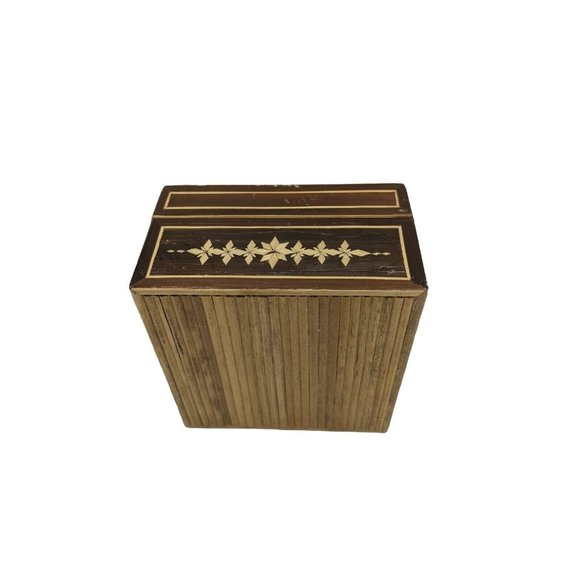 VTG Slat Texture Bamboo Wood Cover Trinket Stash Jewelry Box 4.5" x 4.5" - Picture 7 of 7